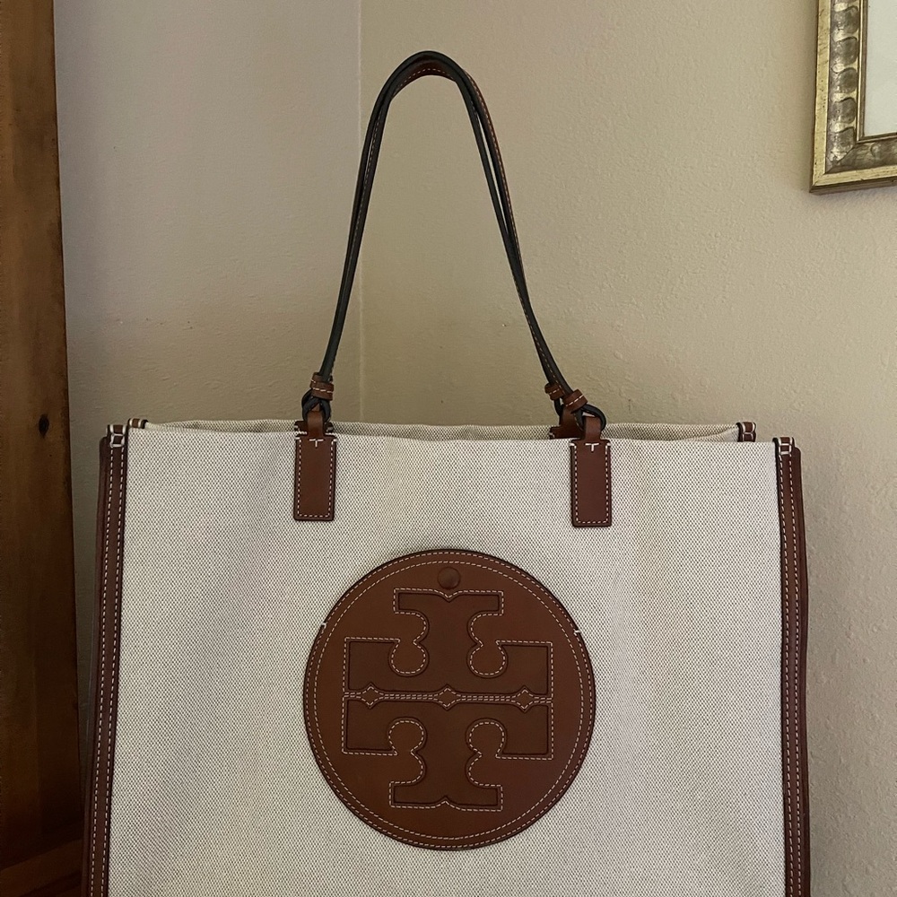 The best Tory Burch Ella Canvas Tote Bag color: Natural / Classic Cuoio